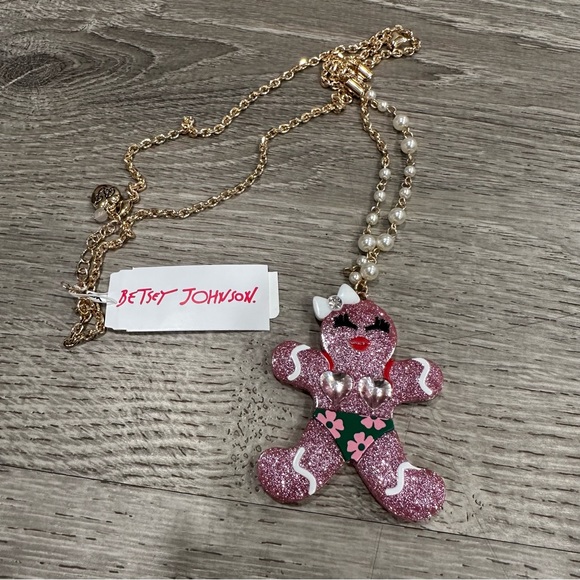 BETSEY JOHNSON Holiday Glitter Gingerbread Girl Pendant Long Necklace Pink NWT - Picture 5 of 5